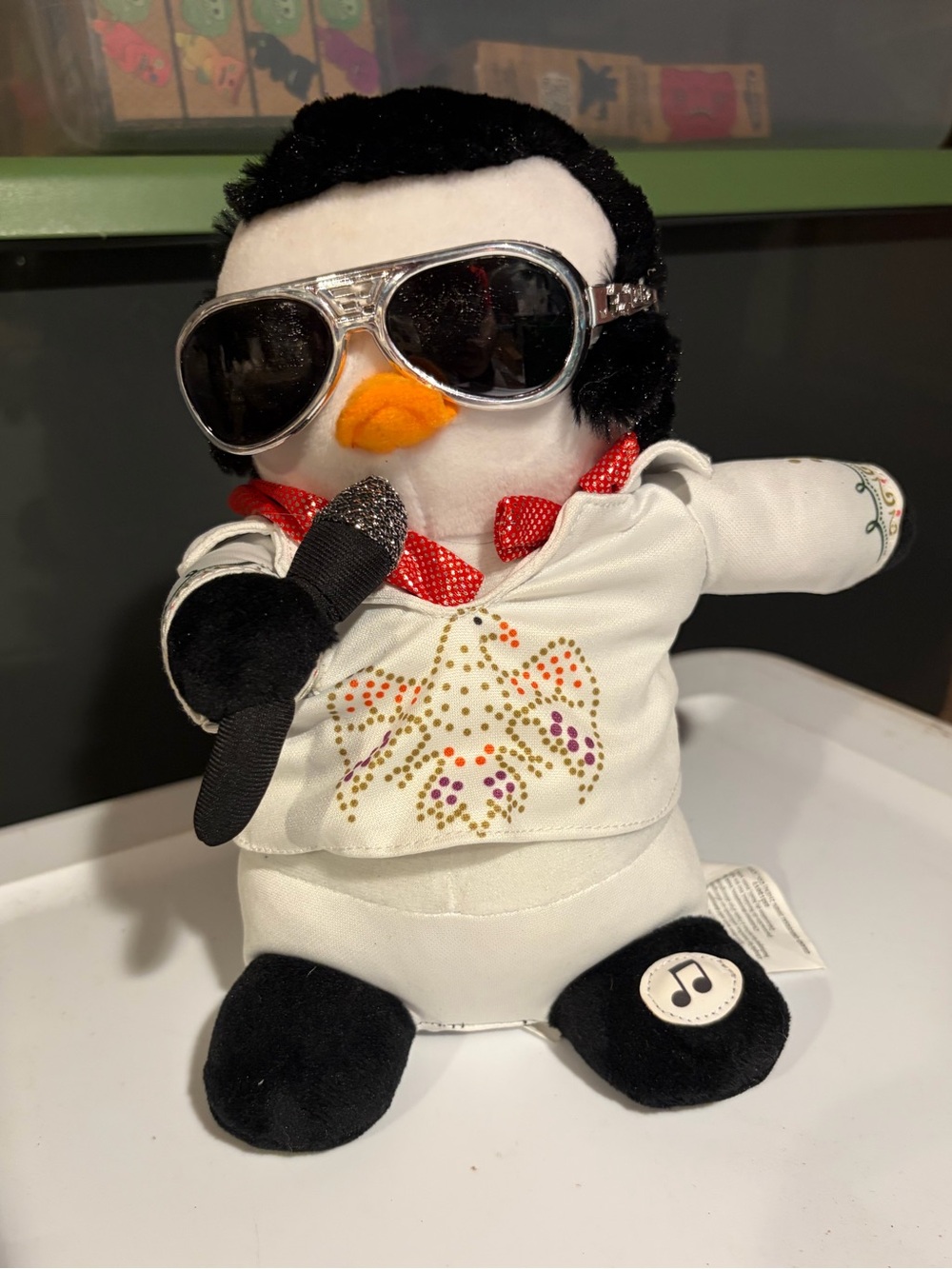 Singing Plush Elvis Penguin with Sunglasses & Microphone - White Outfit